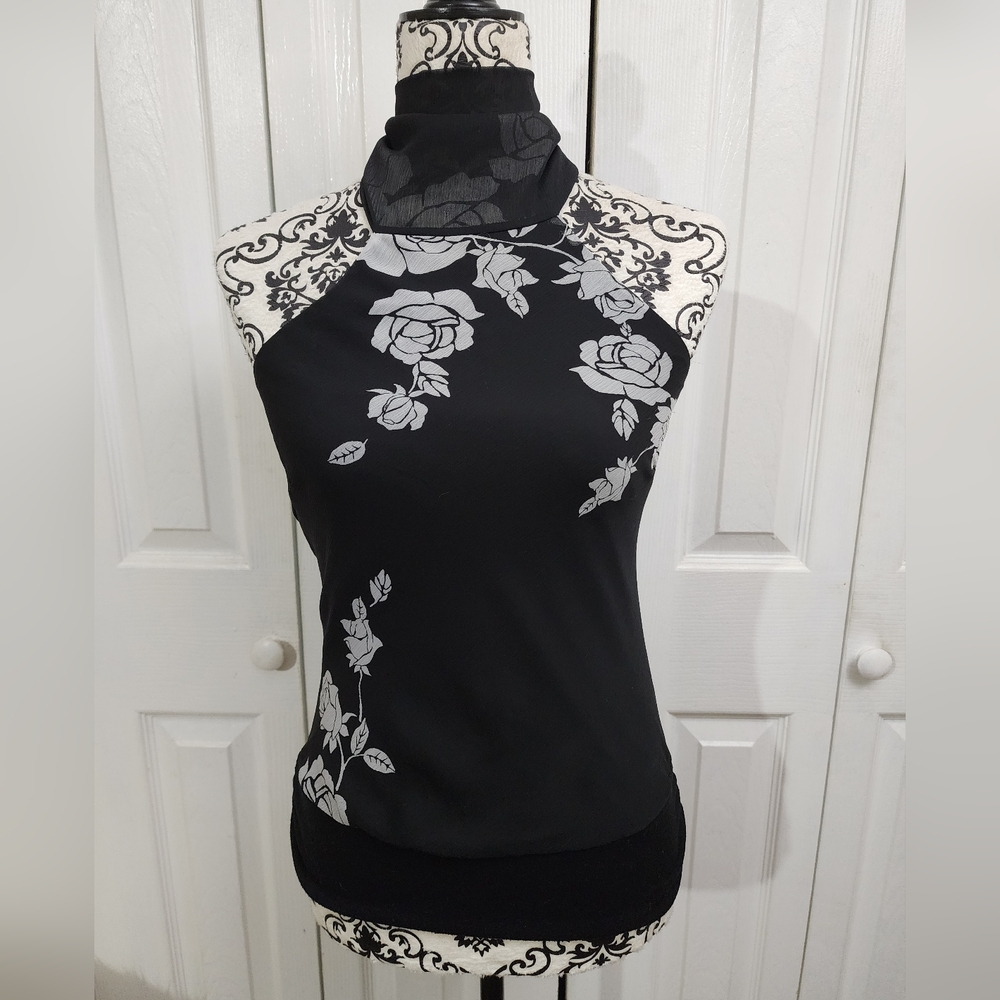 Papaya Black W/ White Flower Print Semi Sheer Wide Strap Halter Top
